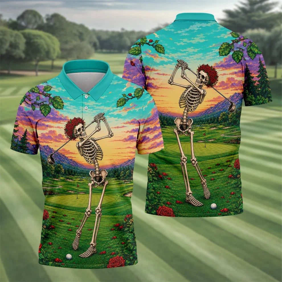Skeleton Golfer Sunset Golf Course Shirt, Mens Golf Apparel, Halloween Golf Shirt