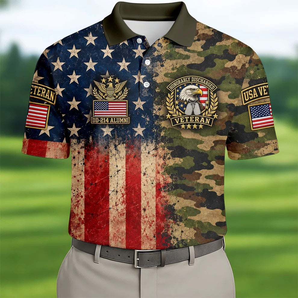 DD-214 Eagle Split USA Flag Camo Polo Shirt, Veterans Day Shirt, Golf Shirts For Men