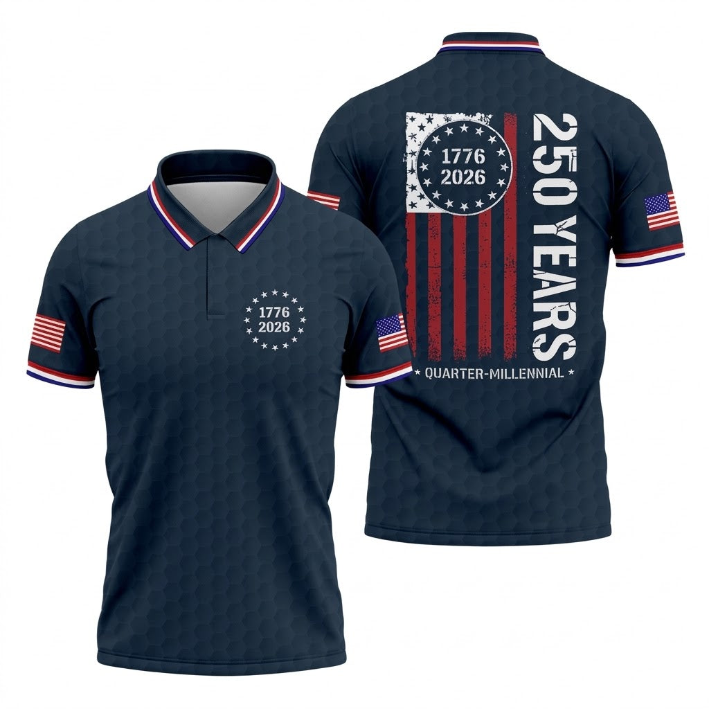 250 Years Quarter Millennnial Golf Ball Pattern Navy Patriotic Golf Shirt, 4th Of July Golf Shirts For Men