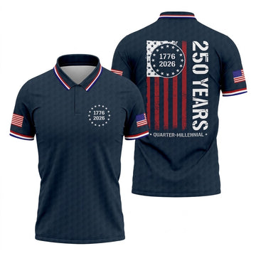 250 Years Quarter Millennnial Golf Ball Pattern Navy Patriotic Golf Shirt, 4th Of July Golf Shirts For Men