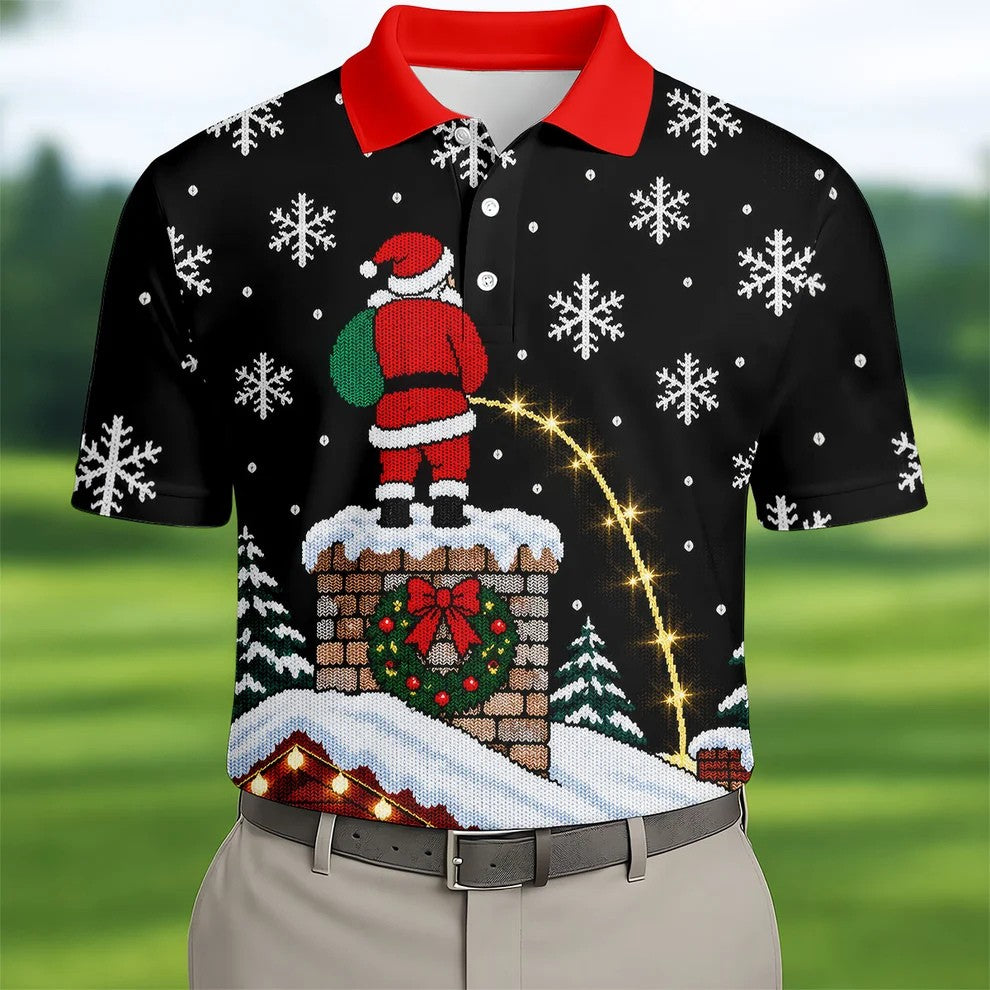 Santa On Chimney Christmas Golf Shirt, Mens Golf Apparel, Funny Mens Golf Shirts