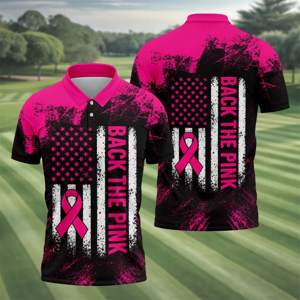 Back The Pink American Flag Breast Cancer Polo Shirt, Mens Golf Polo, Printed Golf Shirts
