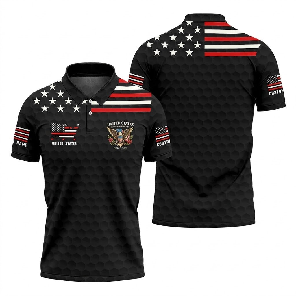 250th Anniversary Bald Eagle And Roses Black Golf Shirt, Patriotic 4th Of July Golf Shirts For Men