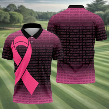 Faith Love Hope Pink Ribbon Breast Cancer Polo Shirt, Men's Golf Shirt, Mens Golf Apparel