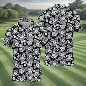 Black And White Pattern Tropical Hawaiian Golf Shirt, Summer Theme Golf Shirts For Men