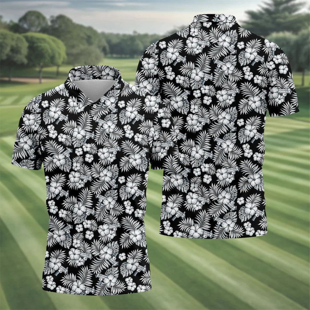 Black And White Pattern Tropical Hawaiian Golf Shirt, Summer Theme Golf Shirts For Men