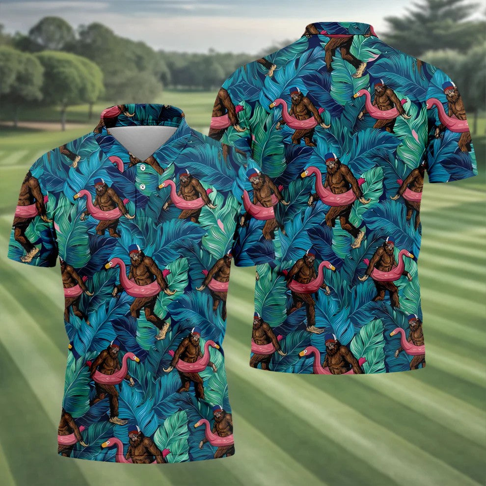 Bigfoot Flamingo Float Tropical Golf Polo Shirt, Hawaiian Golf Shirt, Mens Golf Polo