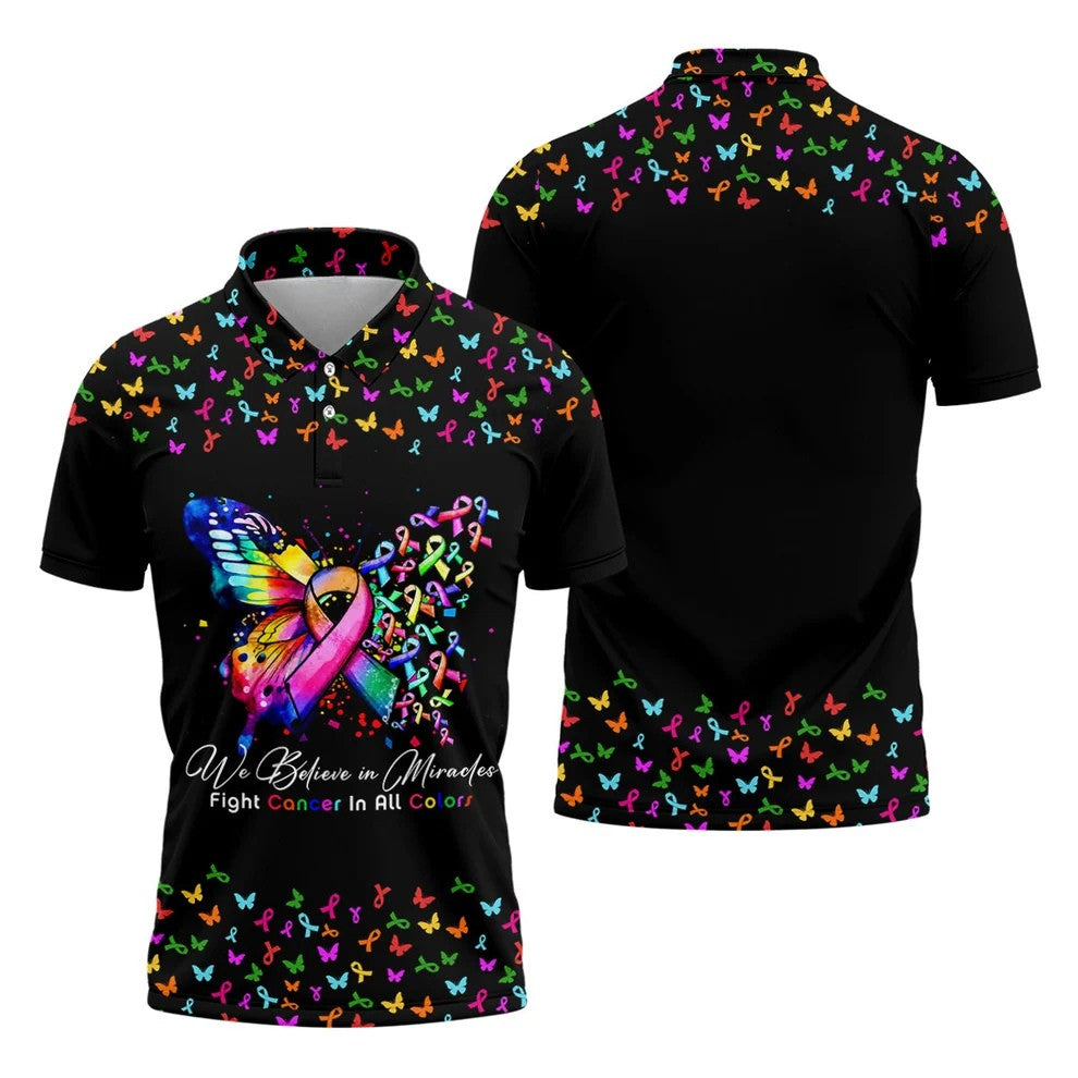 We Believe In Miracles Butterfly Breast Cancer Shirt, Mens Golf Polo, Printed Golf Shirts