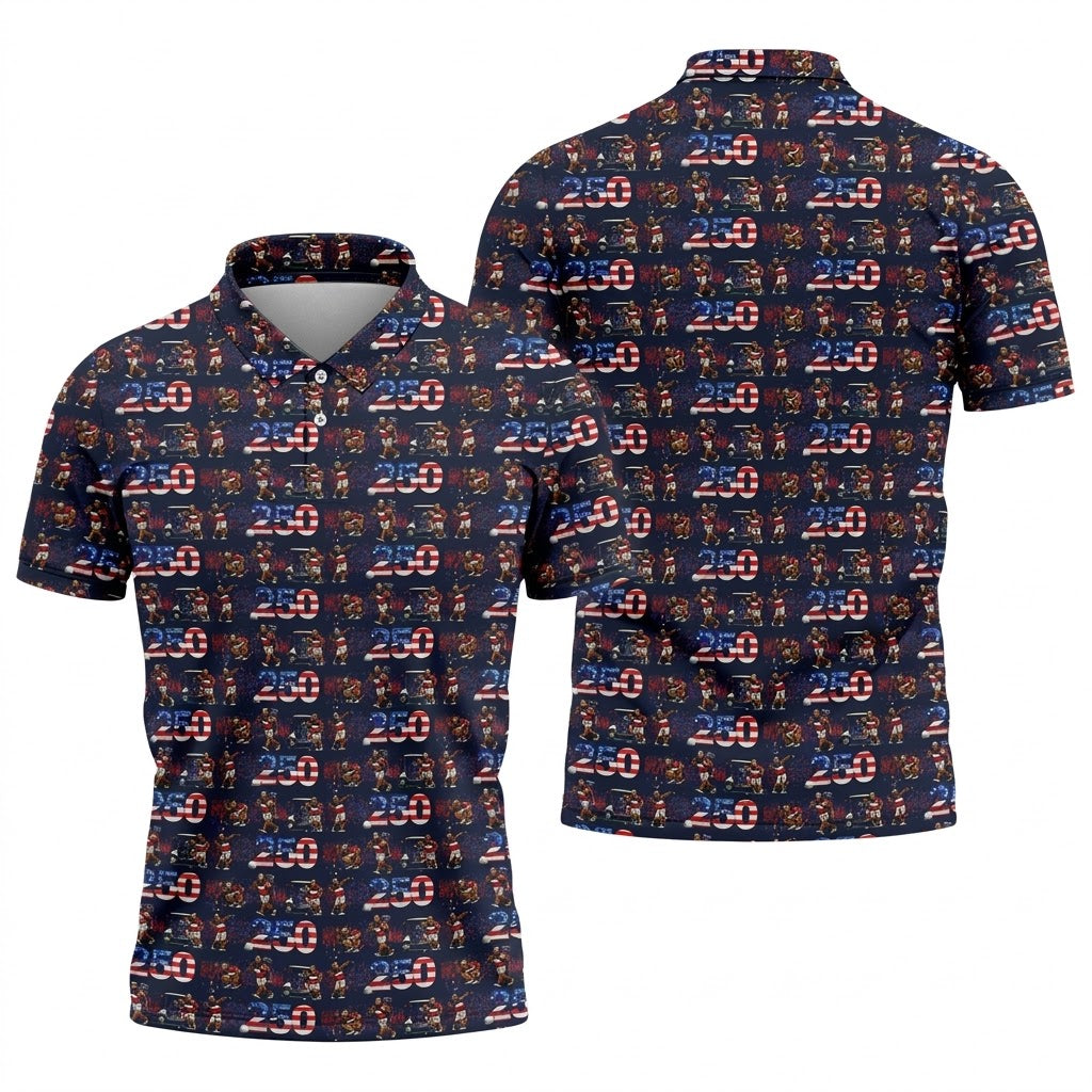 Funny Bigfoot Golf Pose Patriotic 4th Of July Black Golf Shirt, 250 Years Golf Shirts For Men