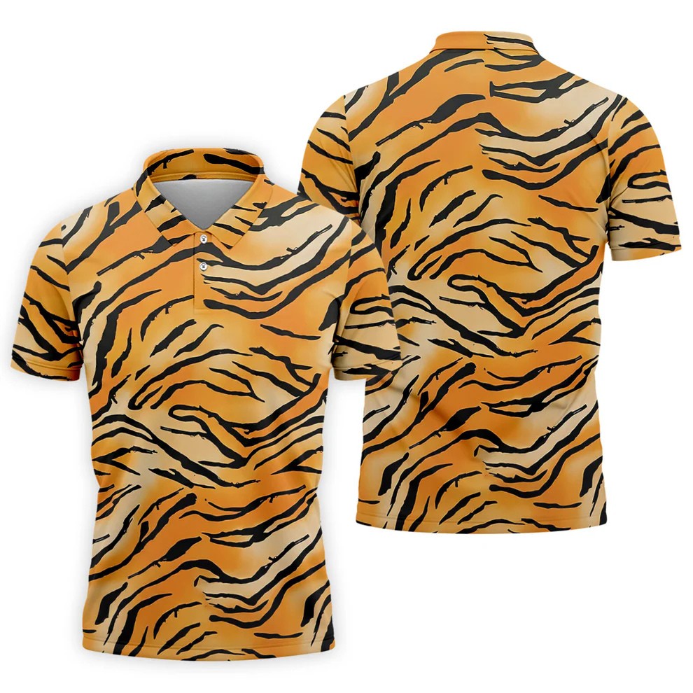 Tiger Stripe Pattern Hawaiian Golf Shirt, Men's Funny Golf Shirts, Golf Shirts For Men