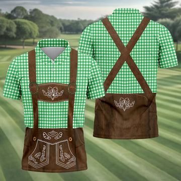 Green Oktoberfest Lederhosen Illusion Sleeveless Golf Polo, Men's Golf Shirt, Golf Polo Shirts For Men