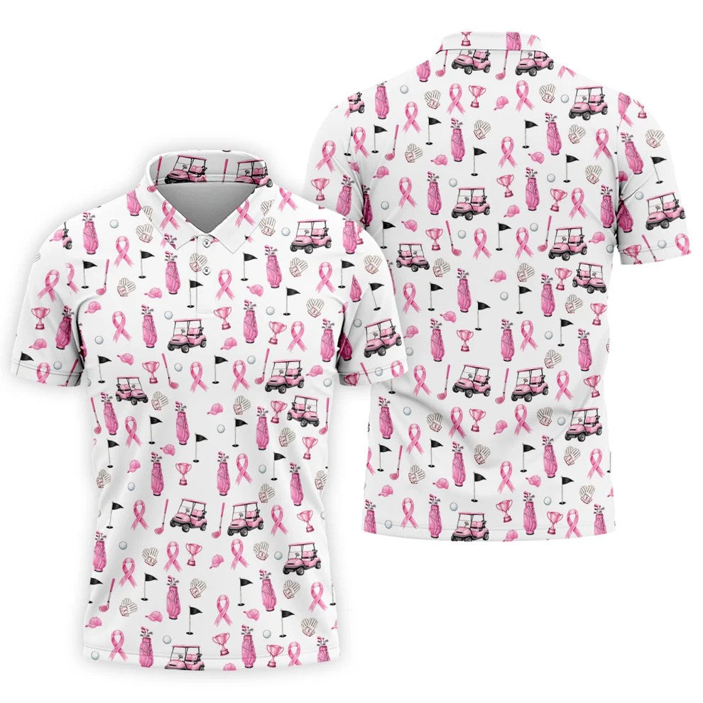 Pink Golf Cart Ribbon Breast Cancer Polo Shirt, Golf Shirts For Men, Mens Golf Apparel