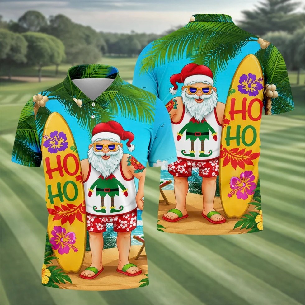 Surfboard Santa Tropical Christmas Golf Shirt, Men's Golf Shirt, Hawaiian Golf Shirt