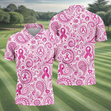 Pink Ribbon Paisley Breast Cancer Golf Polo Shirt, Men's Golf Shirt, Printed Golf Shirts