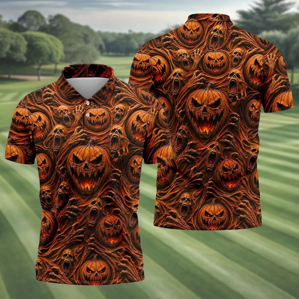 Halloween Evil Pumpkin Ghost Horror Character Polo Shirt, Golf Polo, Mens Golf Shirts
