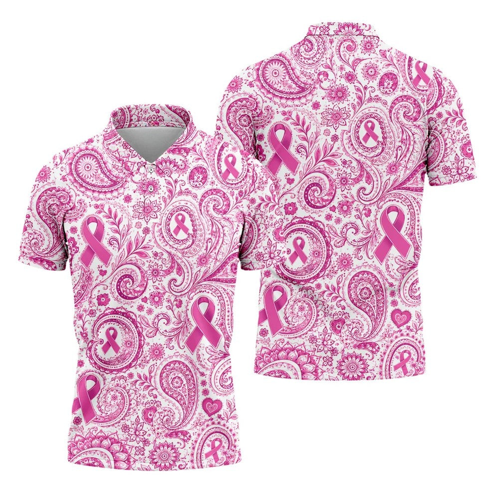 Pink Ribbon Paisley Breast Cancer Golf Polo Shirt, Men's Golf Shirt, Printed Golf Shirts