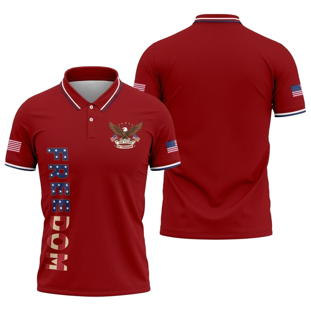 250 Years Of Freedom US Flag Logo Red Golf Shirt, Patriotic 4th Of July Golf Shirts For Men