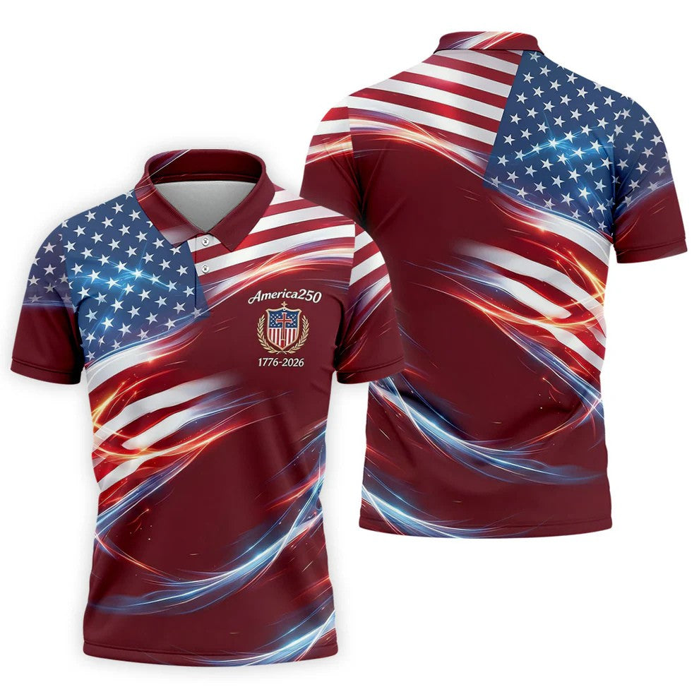 America 250 Light Effect American Flag Golf Shirt, Patriotic 4th Of July Golf Shirts For Men
