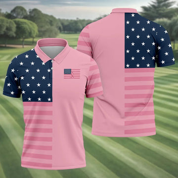 Printed Pink USA Flag Breast Cancer Polo Shirt, Polo Shirts For Men, Printed Golf Shirts