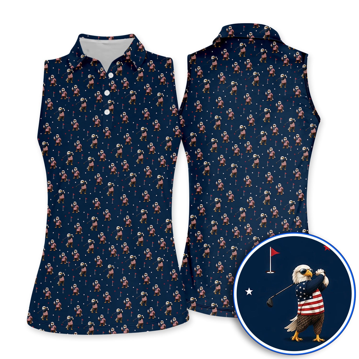 Patriotic Bald Eagle Golf Polos, American Flag Eagle Pattern Golf Shirt, USA Golf Gift For Golfer