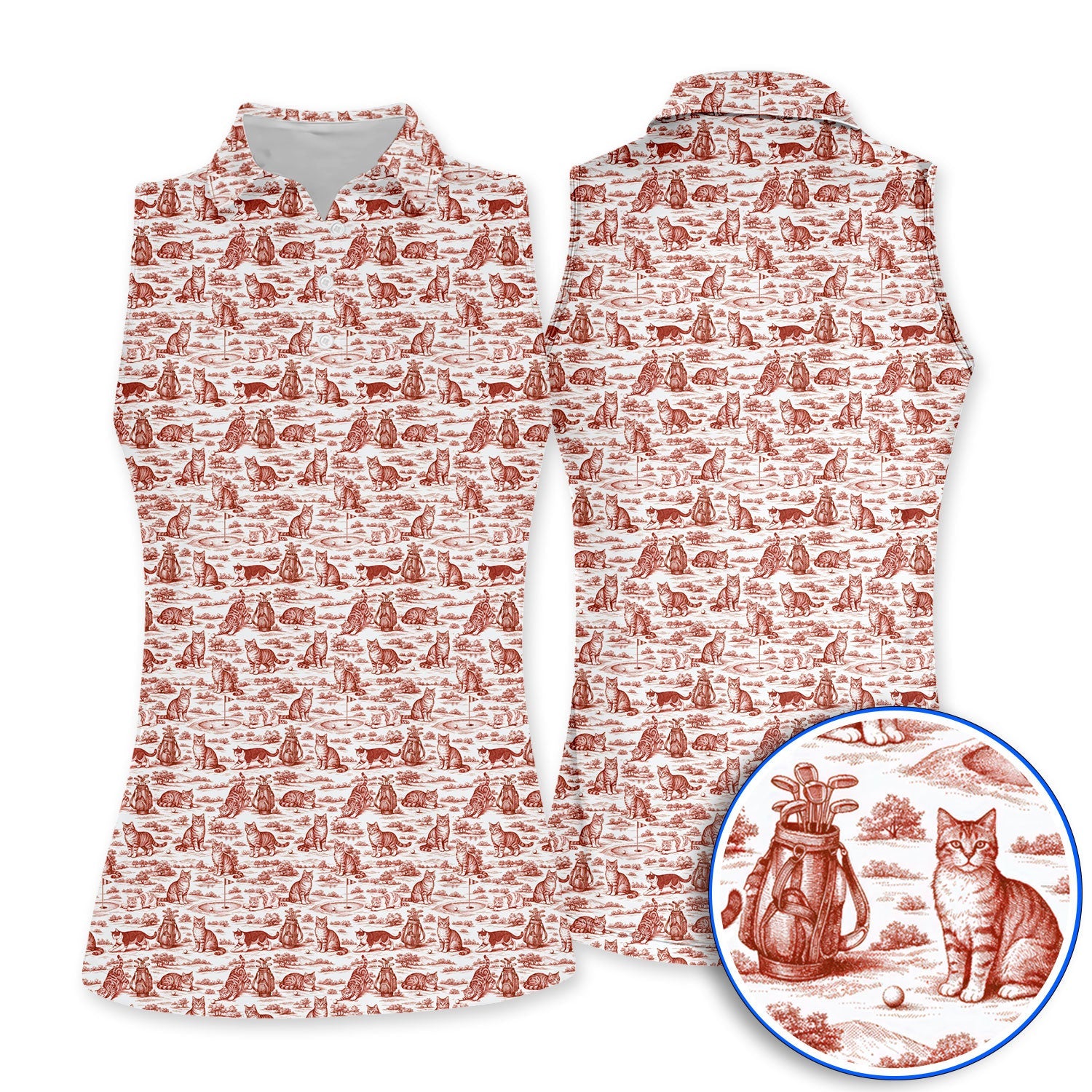 Toile De Jouy Pattern Golf Polos, Crazy Cat Golf Shirt For Golfer, Golf Gift For Pet Lover
