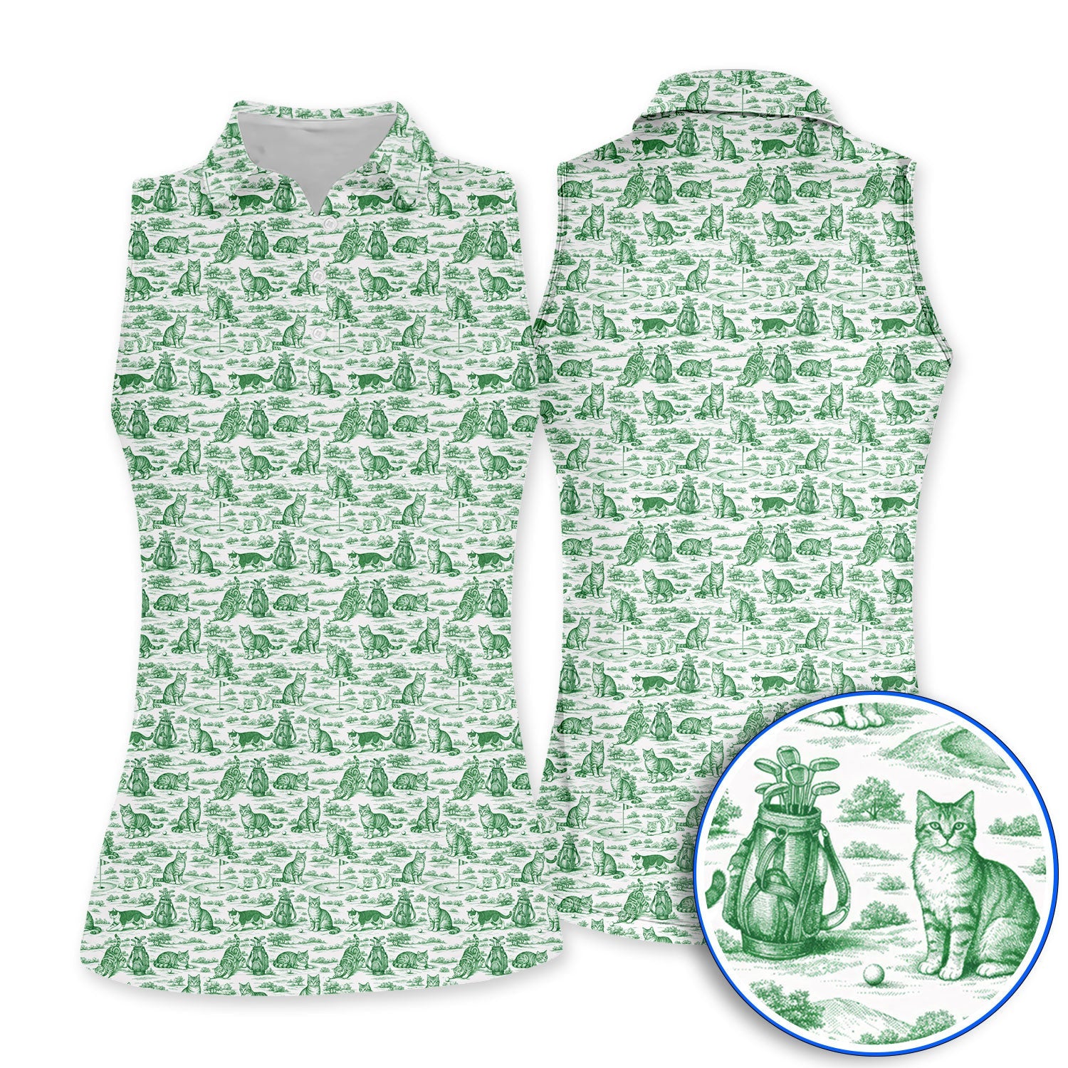 Toile De Jouy Pattern Golf Polos, Crazy Cat Golf Shirt For Golfer, Golf Gift For Pet Lover