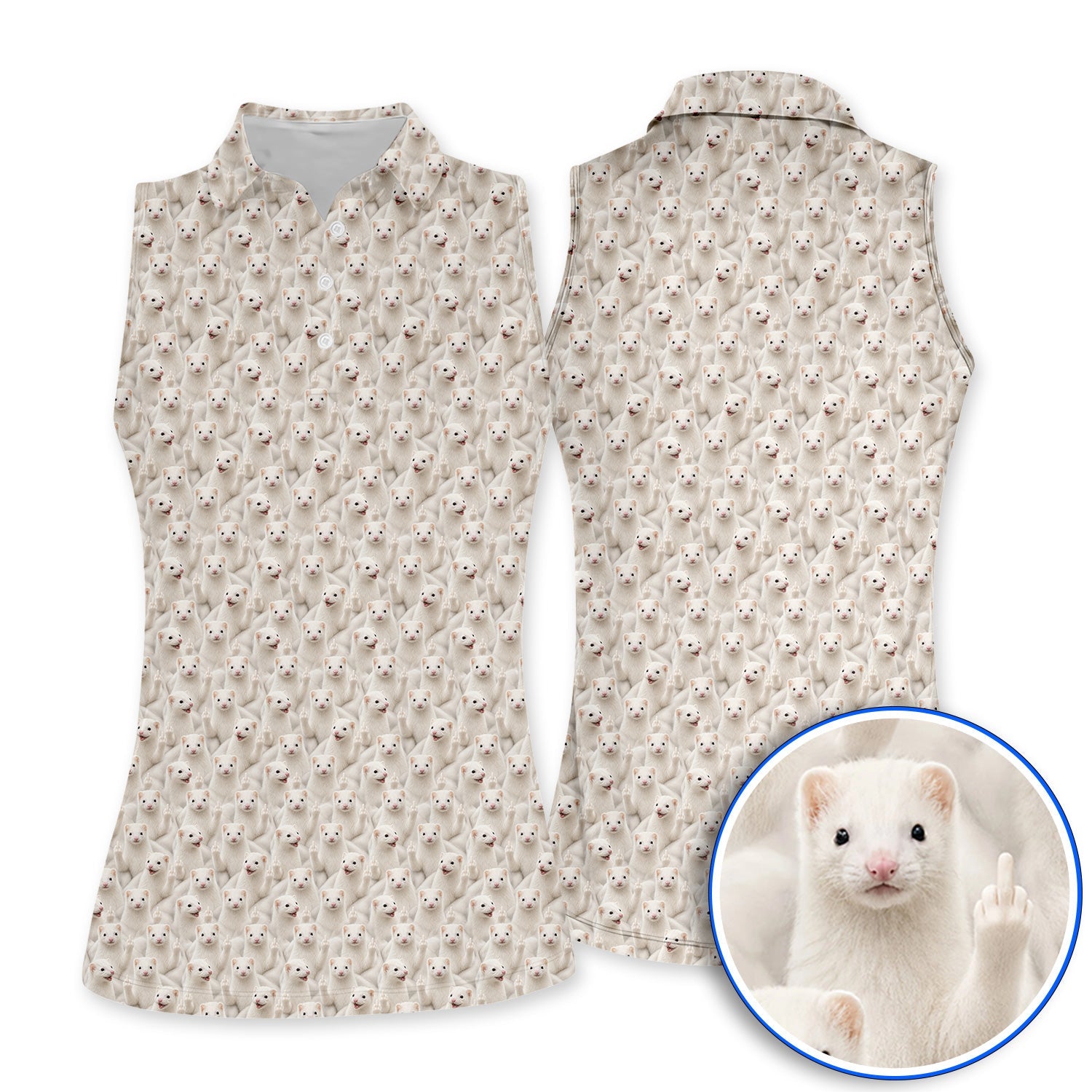 White Ferret Pattern Golf Polos, Funny Ferret Golf Shirt, Golf Gift For Golfer