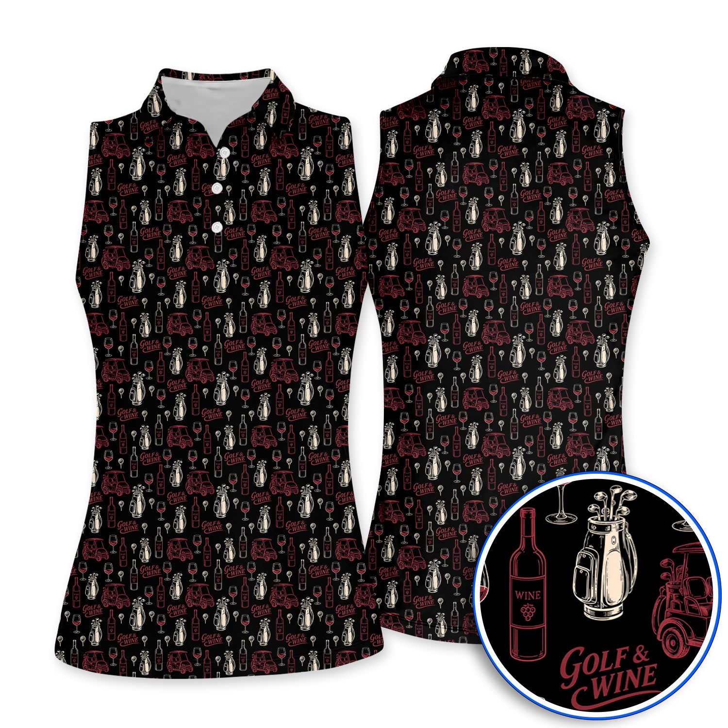 Funny Golf & Wine Pattern Golf Polos, Funny Golf Shirt For Wine Lover, Golf Gift For Golfer