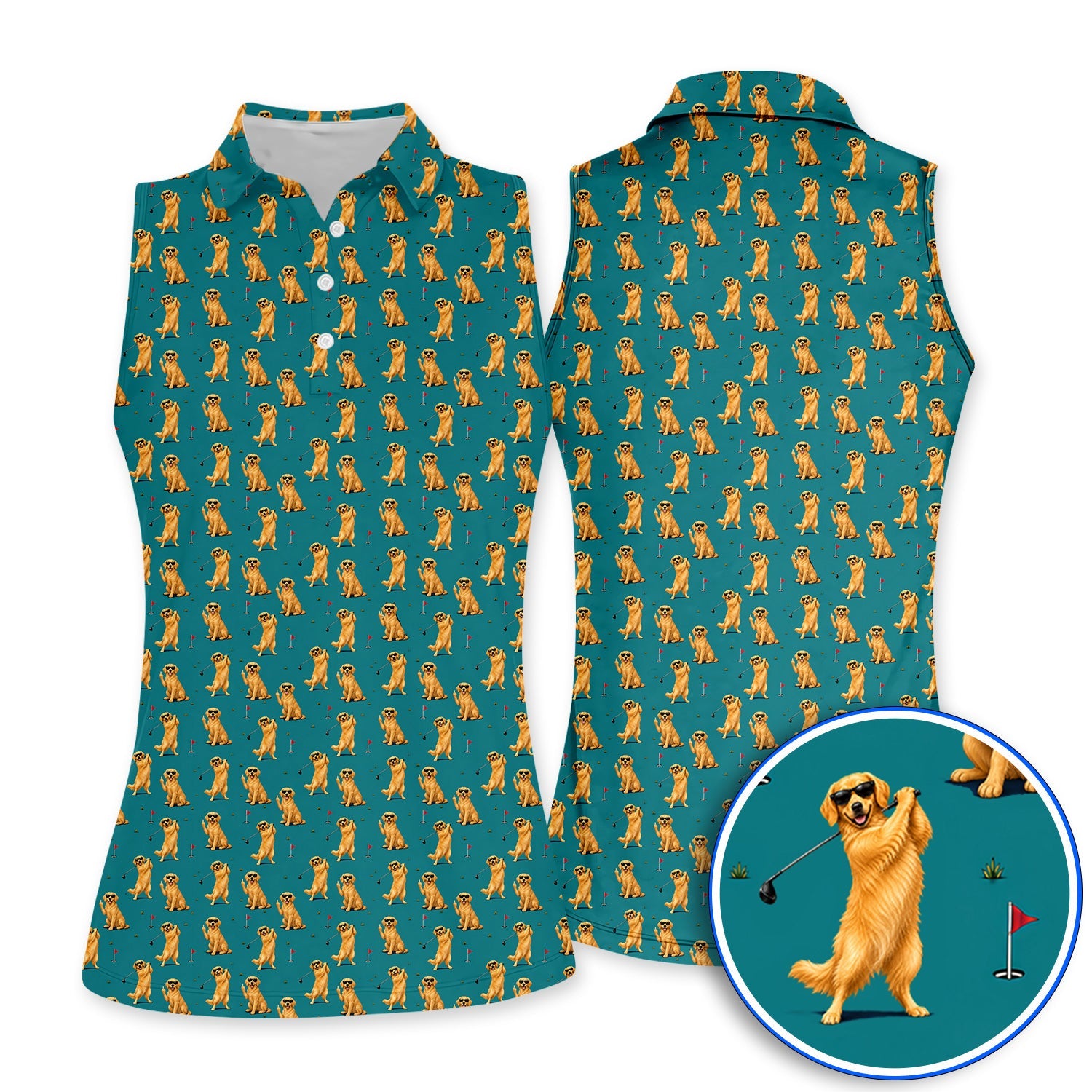 Golden Retriever Fairway Golf Shirt, Golf Dog Pattern Polos, Gift For Golden Retriever Owners