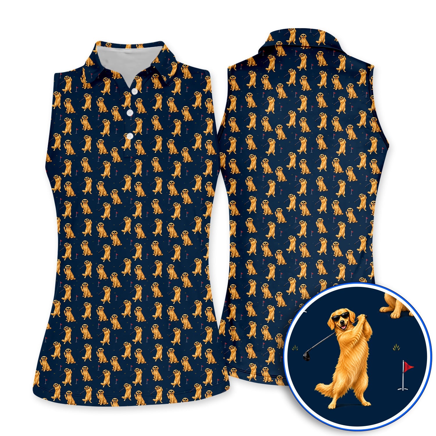 Golden Retriever Fairway Golf Shirt, Golf Dog Pattern Polos, Gift For Golden Retriever Owners