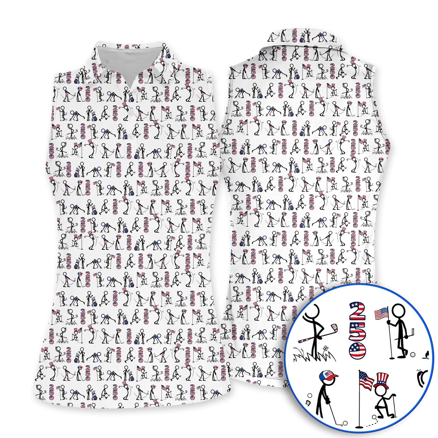 USA 250 Casual Patriotic Golf Shirt, Stick Figure Golfer Pattern Golf Polos, Funny Golf Shirts Gor Golfer