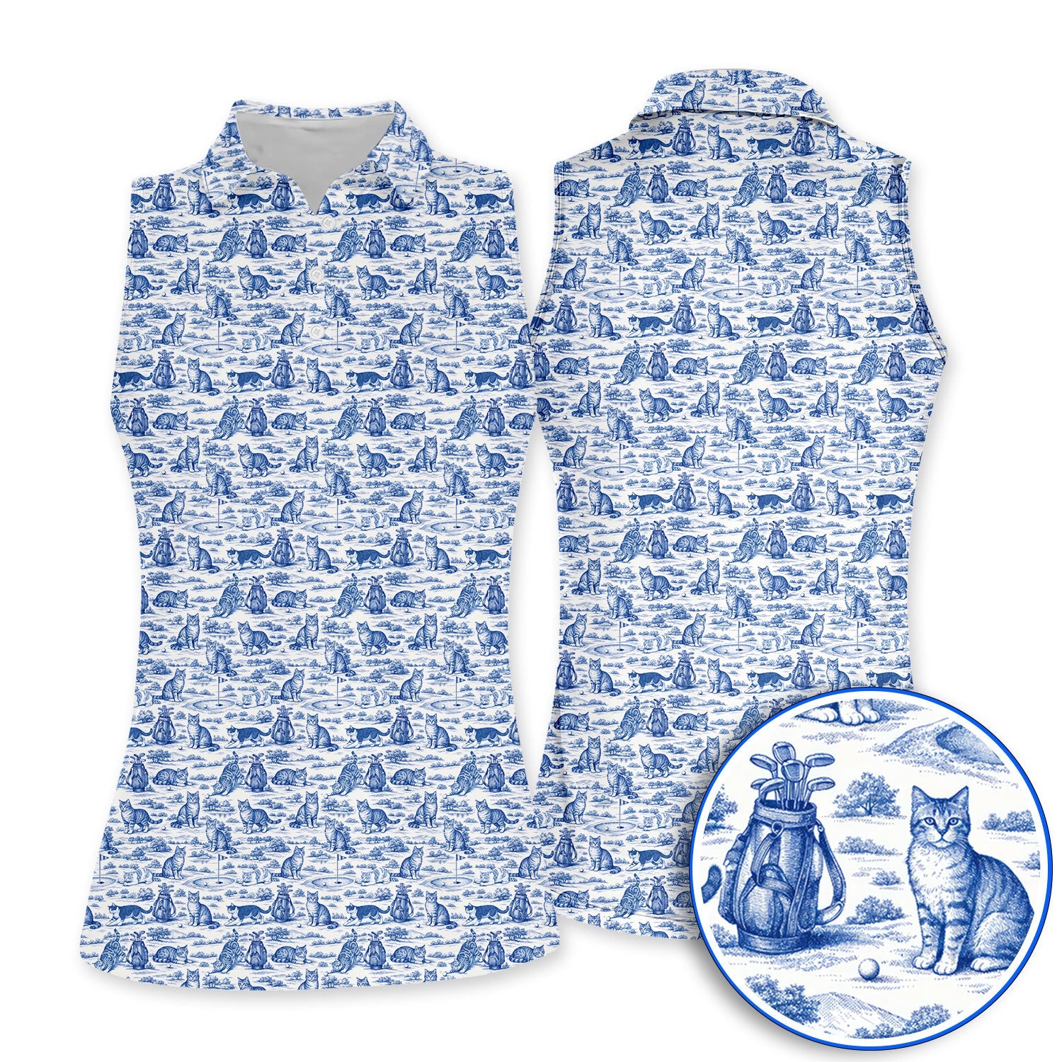 Toile De Jouy Pattern Golf Polos, Crazy Cat Golf Shirt For Golfer, Golf Gift For Pet Lover
