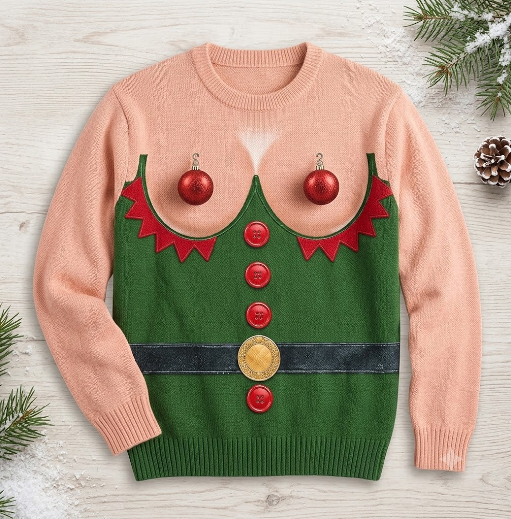 Women’s Ugly Christmas Sweater, Funny Elf And Ornament Graphic Holiday Knit Sweater
