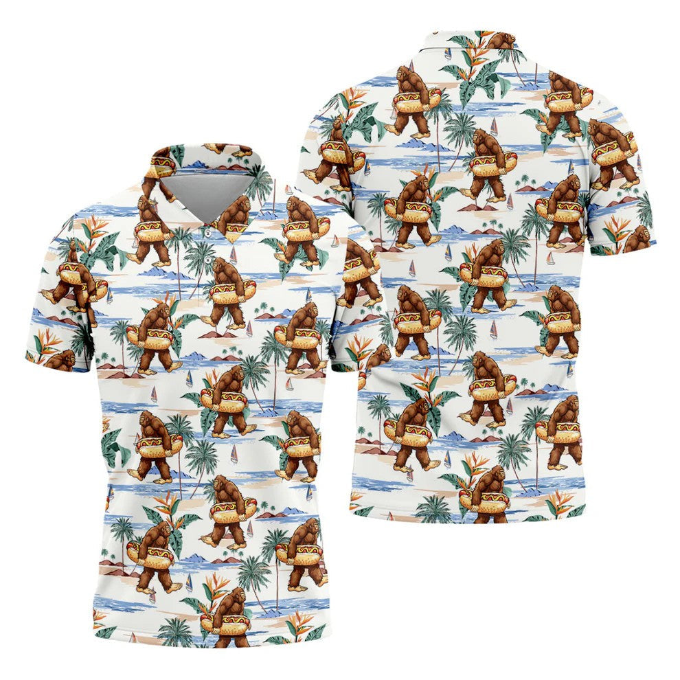 Bigfoot Hot Dog Beach Hawaiian Shirt, Mens Golf Polo, Hawaiian Golf Shirt, Golf Apparel For Men