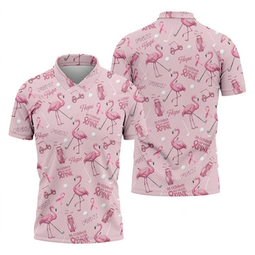 Funny Flamingo Pink Ribbon Men's Polo ShirtBreast Cancer Awareness Shirt, Golf Shirts For Men