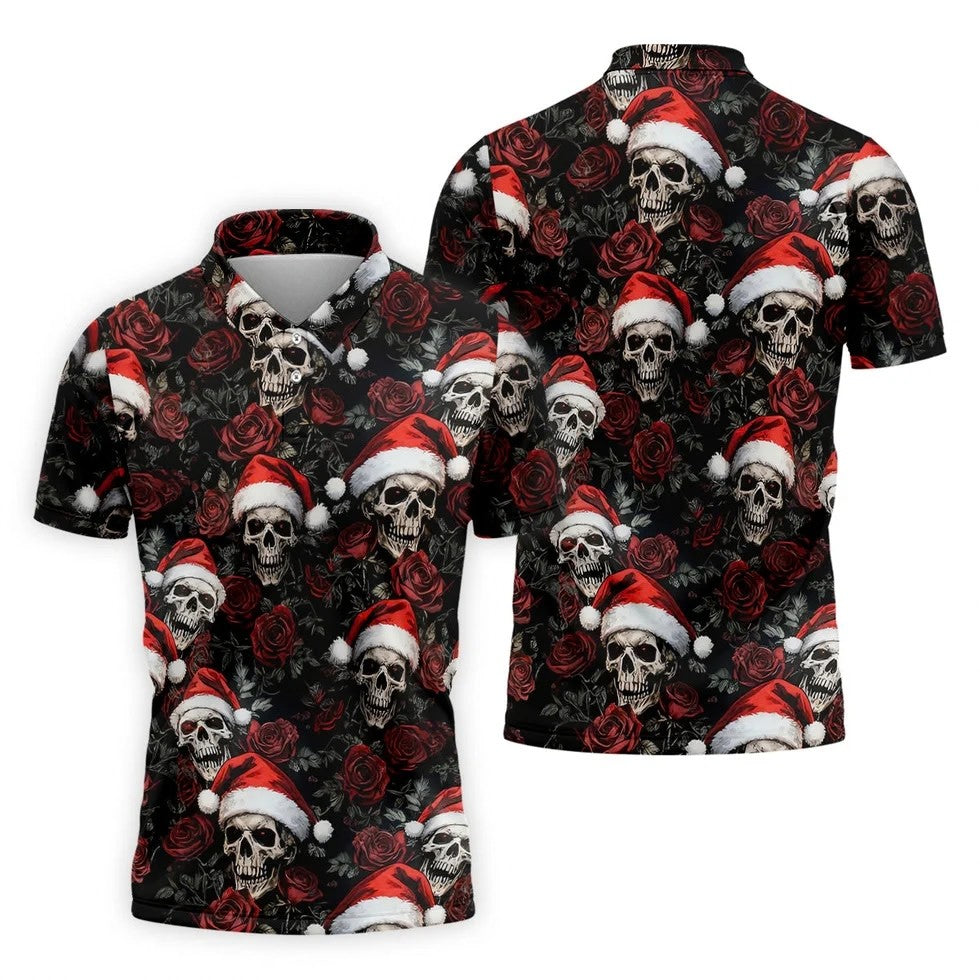 Vintage Skull And Roses Christmas Golf Shirt, Cool Golf Outfit, Polo Shirts For Men, Golf Shirts For Men