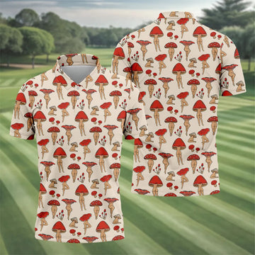 Vintage Mushroom Pin Up Pattern Hawaiian Golf Shirt, Mens Golf Shirts, Golf Apparel For Men