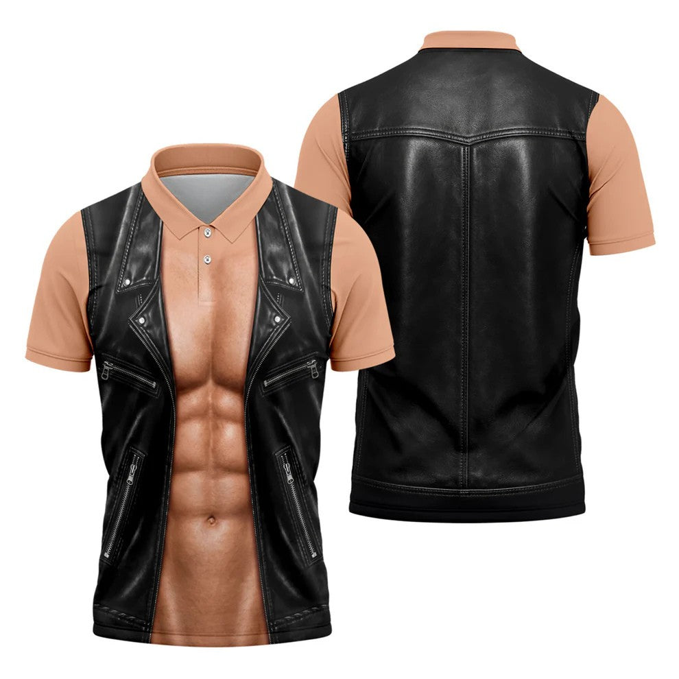 Black Leather Vest Illusion Golf Polo Shirt, Men's Golf Shirt, Golf Polo Shirts For Men
