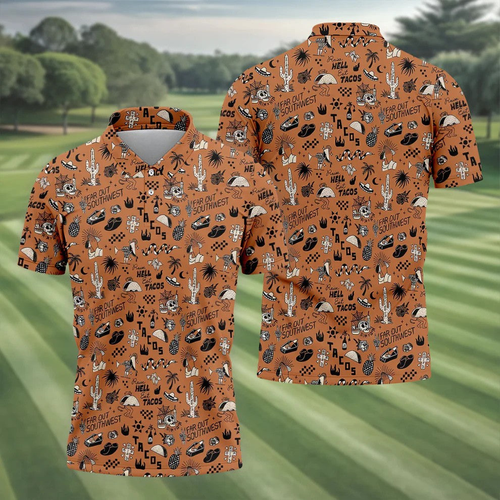 Southwest Desert Taco Skull Pattern Hawaiian Golf Shirt, Golf Tops For Women, Performance Golf Shirt