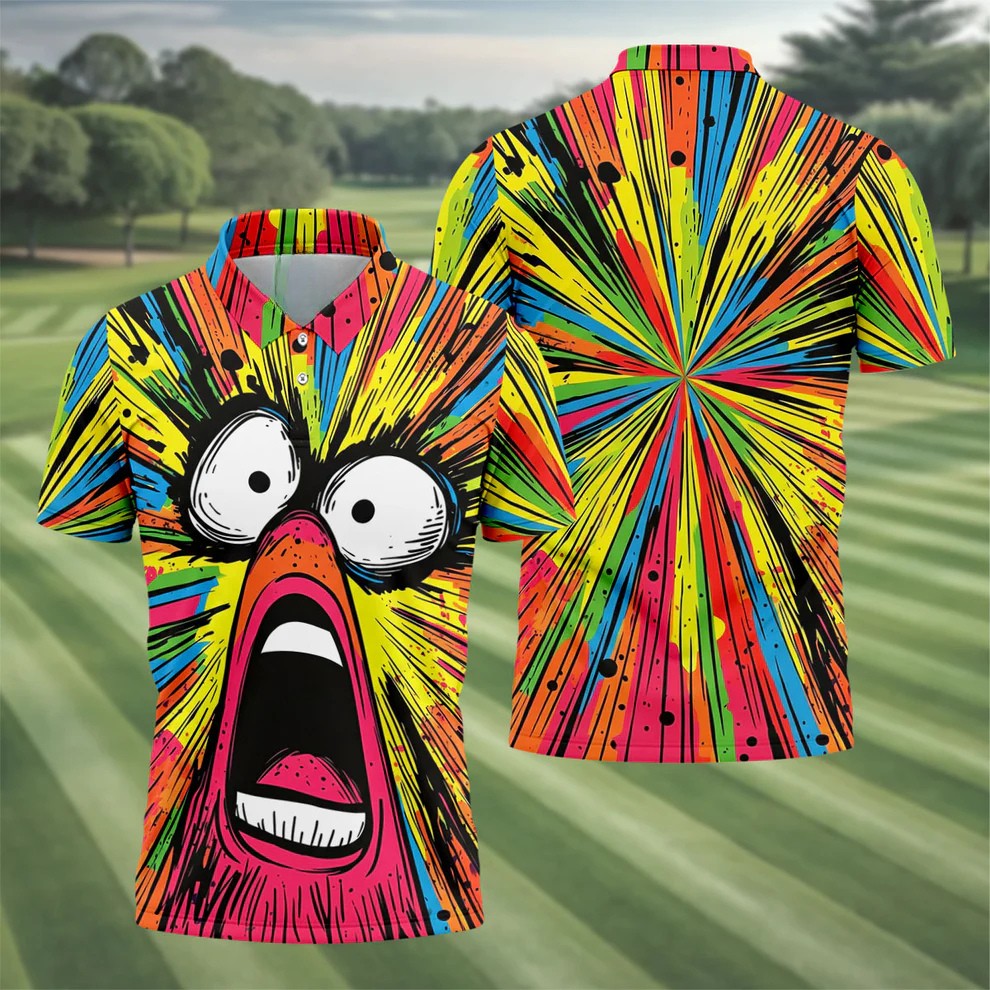 Screaming Face Colorful Retro Hawaiian Golf Shirt, Men's Funny Golf Shirts