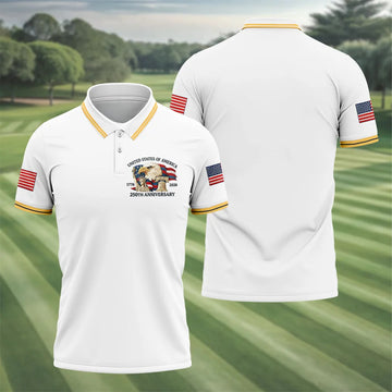 Bald Eagle American Flag 250 Years White Golf Shirt, Patriotic 4th Of July Golf Shirts For Men