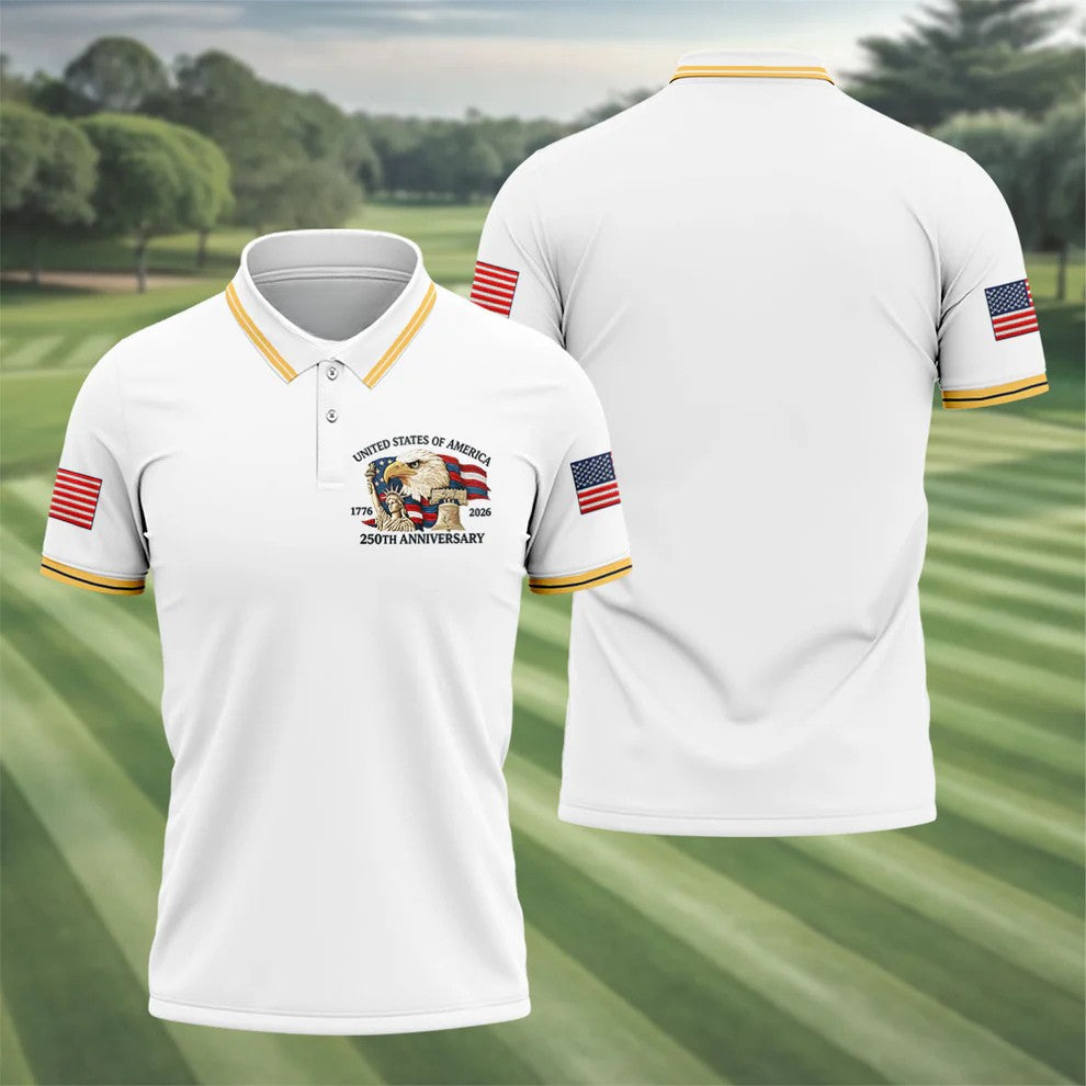 Bald Eagle American Flag 250 Years White Golf Shirt, Patriotic 4th Of July Golf Shirts For Men