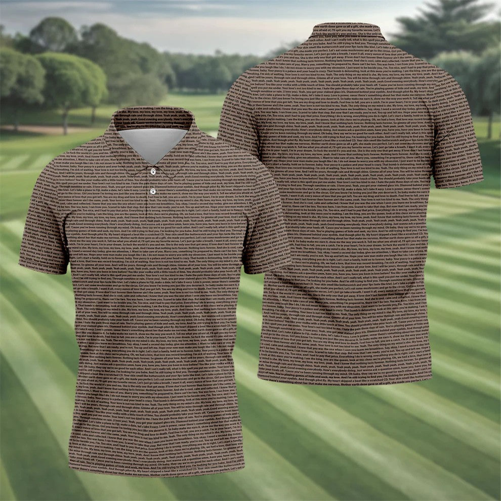 Cream Text Pattern Golf Polo Shirt, Golf Shirts For Men, Printed Golf Shirts