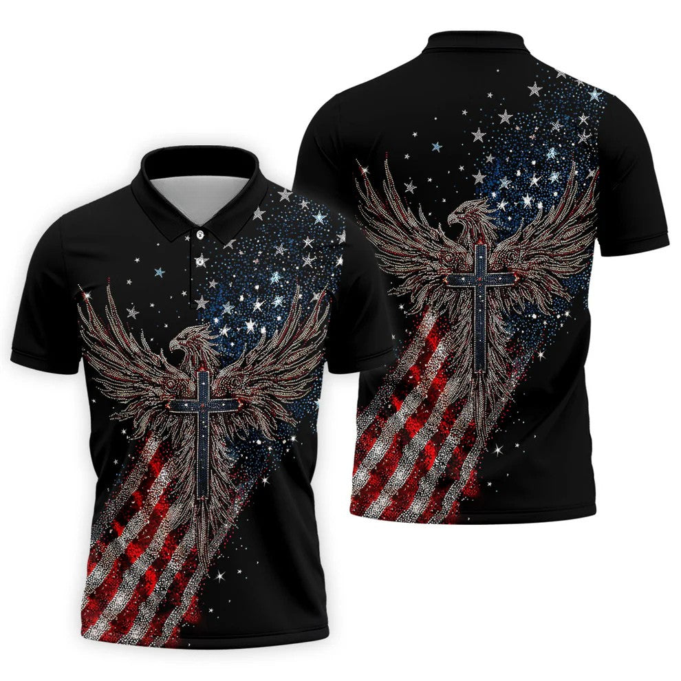 Faith Cross Patriotic Eagle Rhinestones Pattern 4th Of July Golf Shirt, 250 Years Golf Shirts For Men