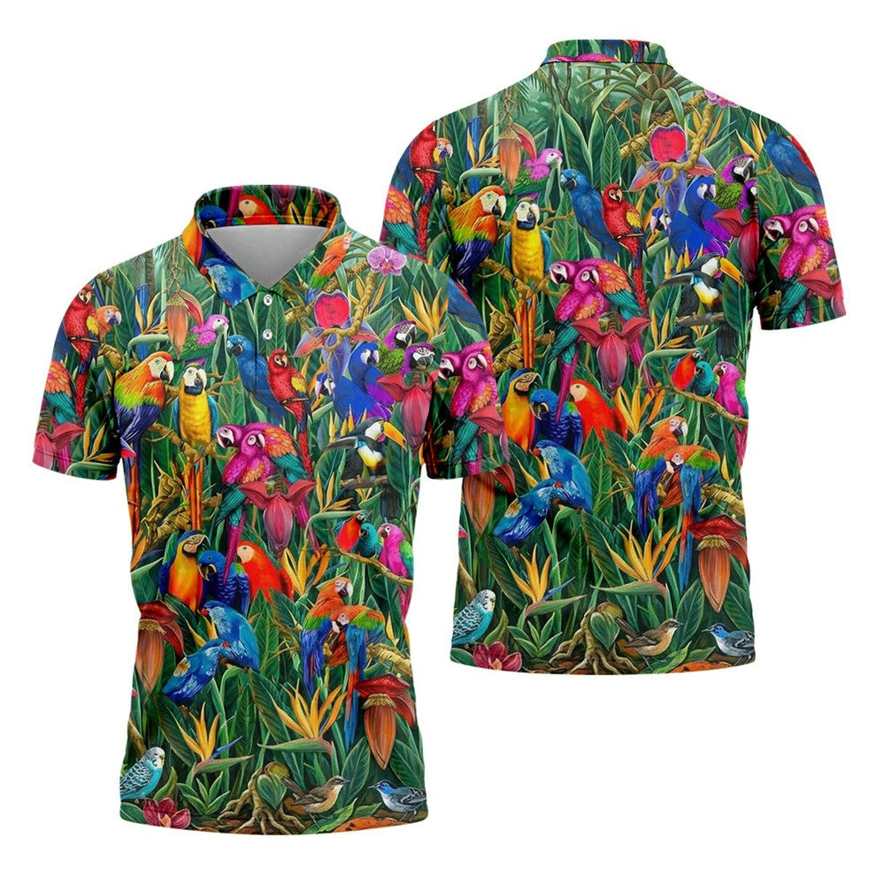 Tropical Colorful Parrots Rainforest Bird Print Golf Polo, Hawaiian Golf Shirt, Printed Golf Shirts