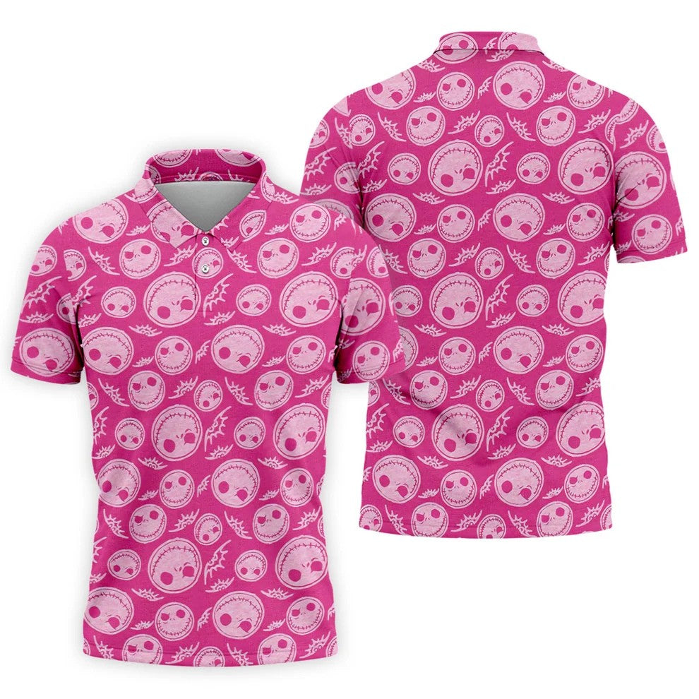 Pink Stitched Skull Halloween Golf Polo Shirt, Golf Shirts For Men, Mens Golf Apparel