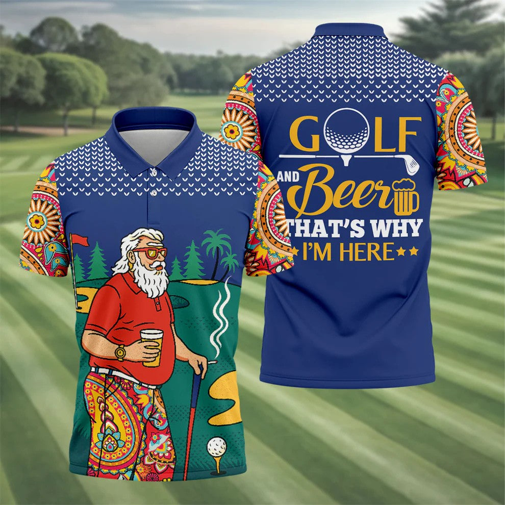 Funny Bearded Golfer With Beer And Paisley Sleeves Golf Polo, Golf Shirts For Men, Hawaiian Golf Shirt