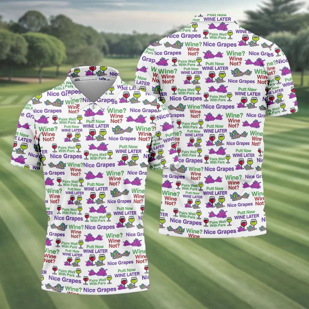 Wine Lover Golf Shirt, Grape Humor Print, Golf Shirts For Men