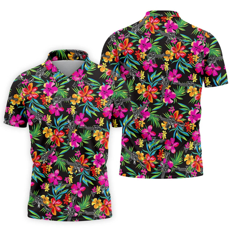 Black Tropical Floral Rifle Pattern Golf Polo Shirt, Men's Golf Shirt, Golf Polo Shirts For Men