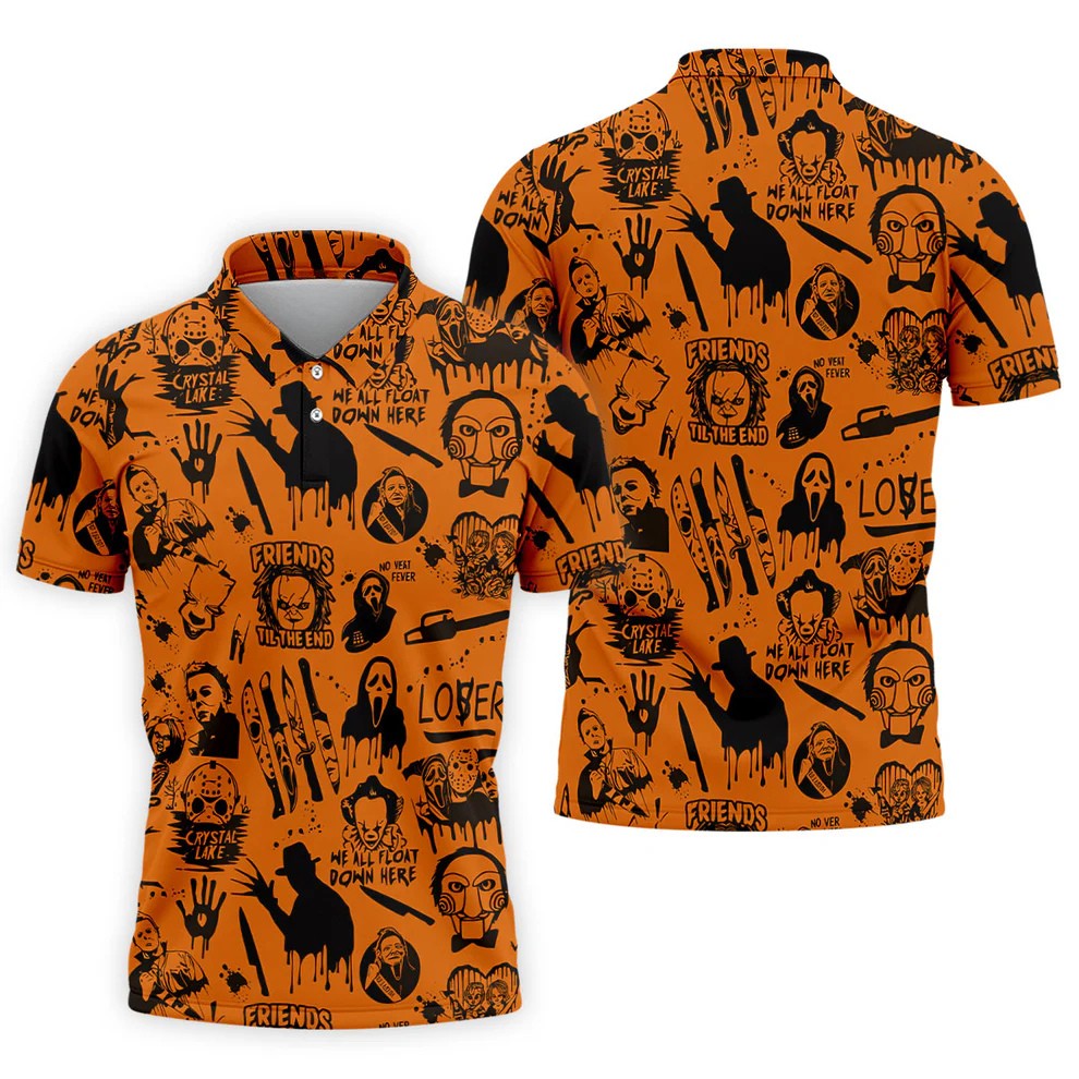 Orange Horror Character Icons Pattern Golf Polo Shirt for Halloween, Mens Golf Polo, Printed Golf Shirts